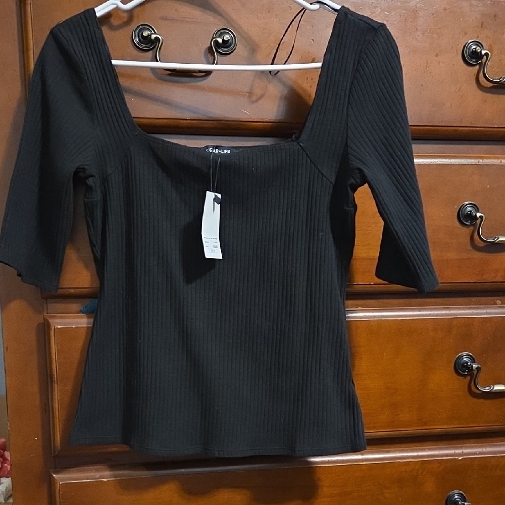 NWT SUGAR +LIPS GAMMA Black Ribbed Fitted SHORT Sleeve TOP SIZE M